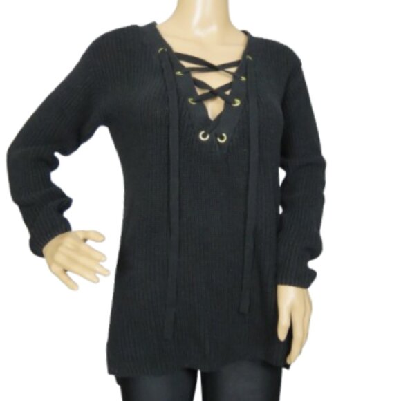 Guess Lace-Up Front Cozy Black Sweater - Picture 1 of 8